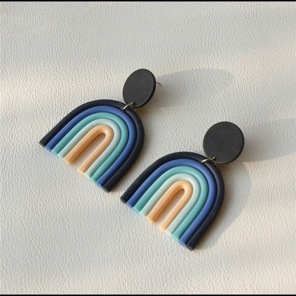 Ceramic Clay Rainbow Dangle Drop Earrings Blk Blue - Picture 3 of 7